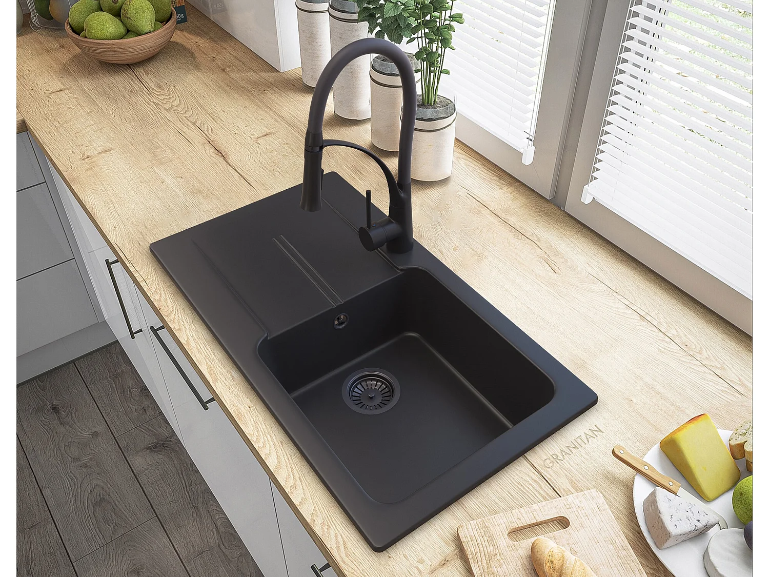 ÉVIER NOIR EN GRANIT TASOS + MITIGEUR NEXO + SIPHON