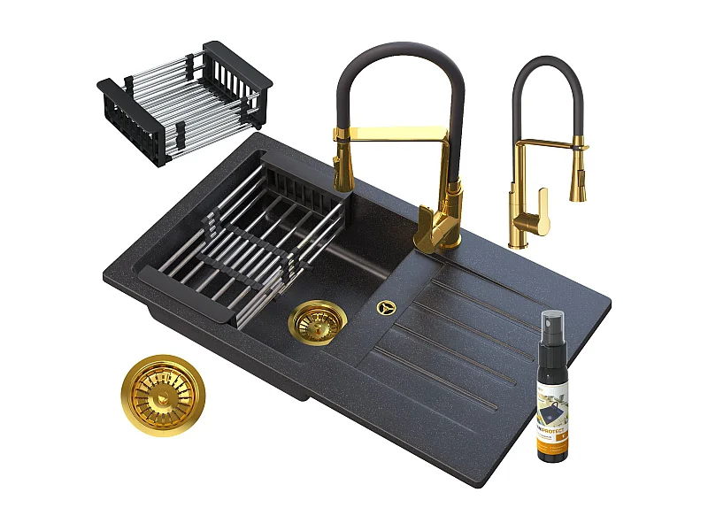 ENSEMBLE ÉVIER GRANIT ROBINET SIPHON OR ÉGOUTTOIR