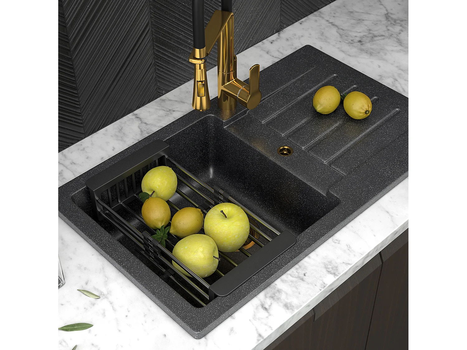 ENSEMBLE ÉVIER GRANIT ROBINET SIPHON OR ÉGOUTTOIR