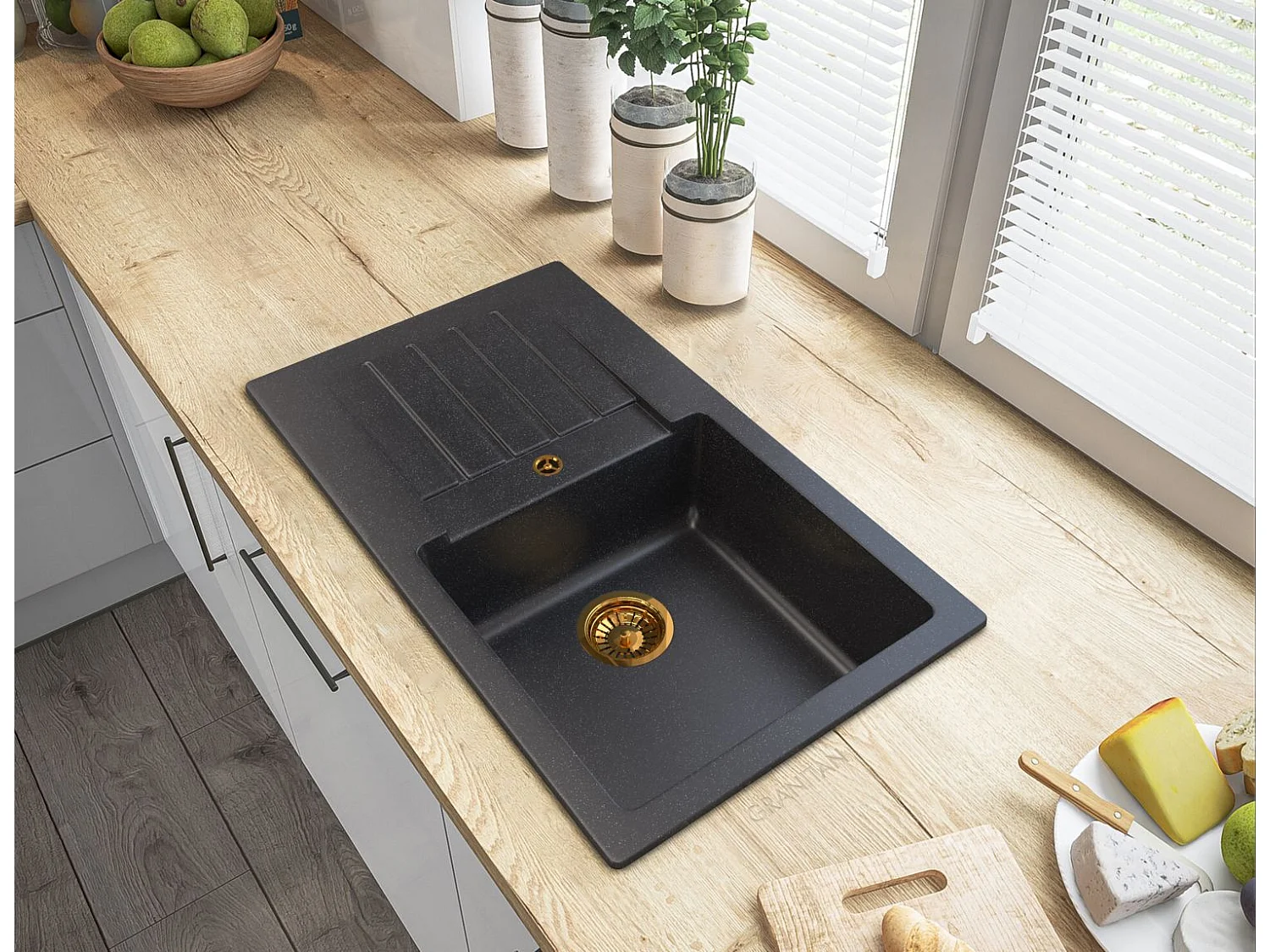 ENSEMBLE ÉVIER GRANIT ROBINET SIPHON OR ÉGOUTTOIR