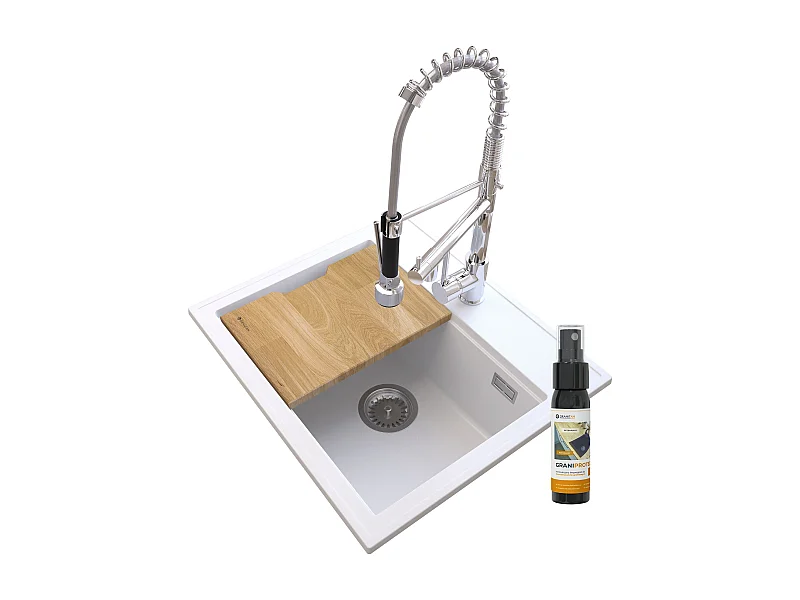 ÉVIER EN GRANIT BLANC FOXAL + MITIGEUR CHROMÉ SPIRAL DUO