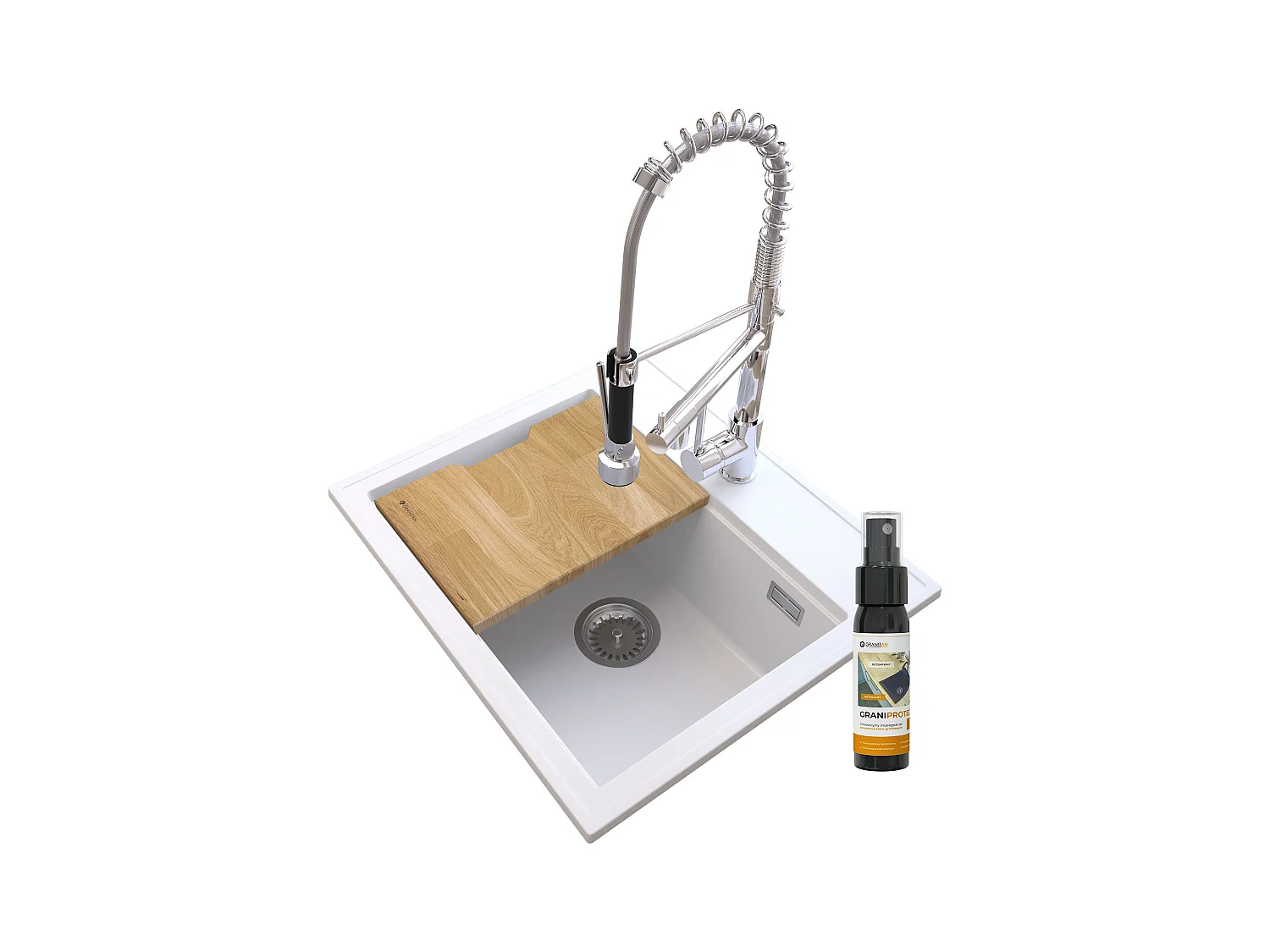 ÉVIER EN GRANIT BLANC FOXAL + MITIGEUR CHROMÉ SPIRAL DUO