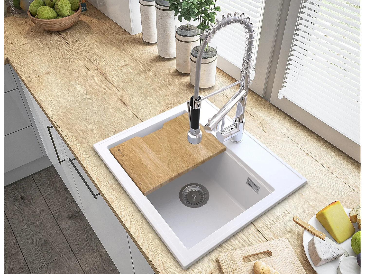 ÉVIER EN GRANIT BLANC FOXAL + MITIGEUR CHROMÉ SPIRAL DUO