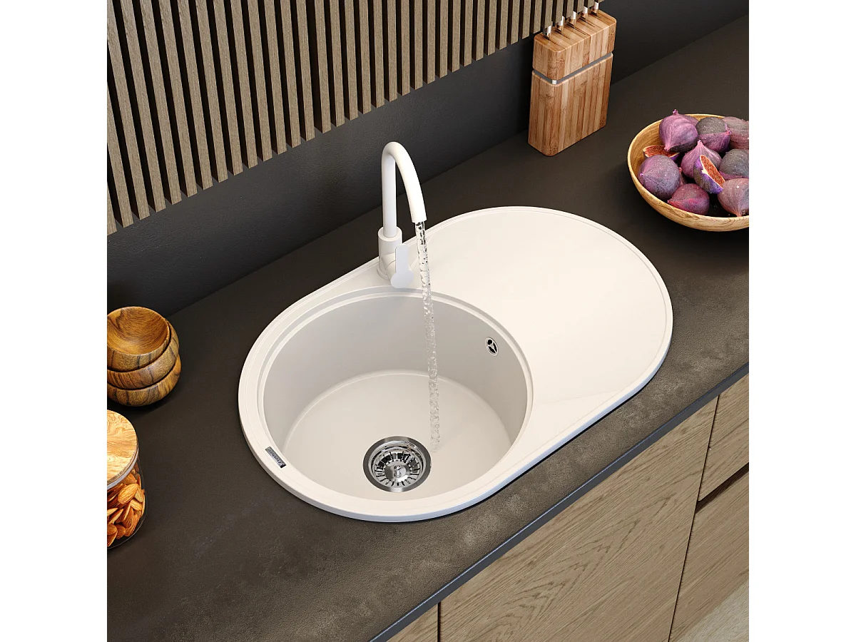 ÉVIER ROND EN GRANIT 1 CUVE GRAND ÉGOUTTOIR SIPHON CHROME SAVIO