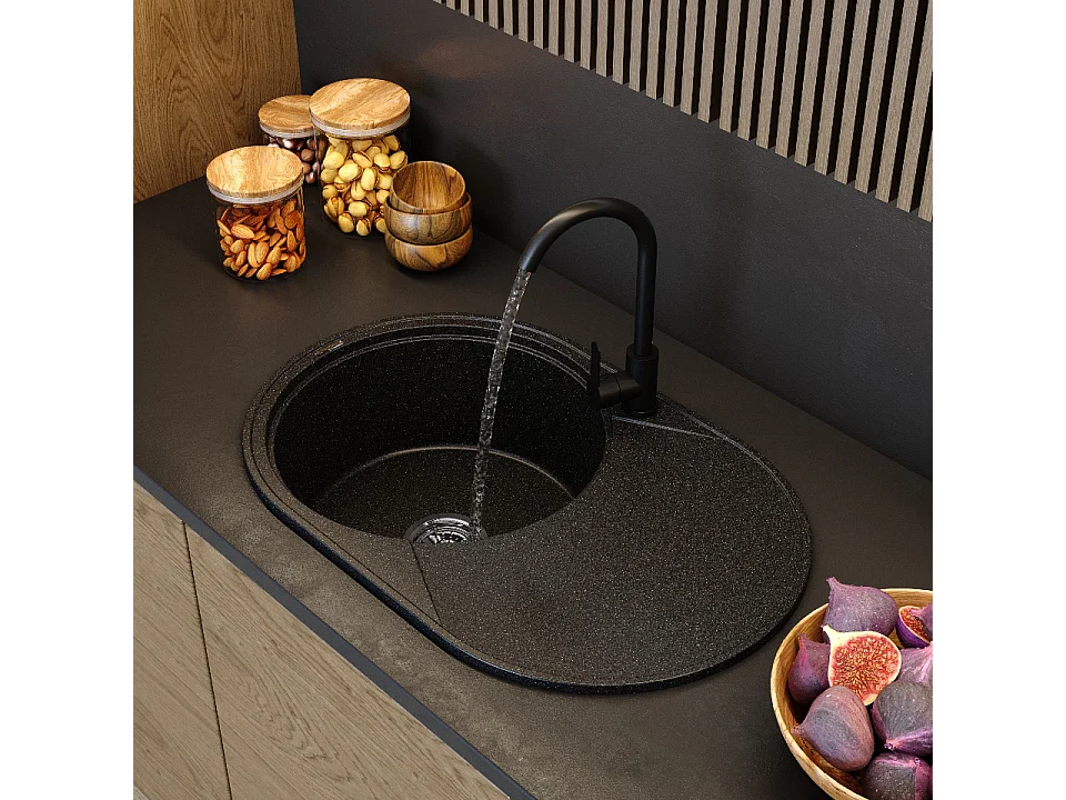 ÉVIER ROND EN GRANIT 1 CUVE GRAND ÉGOUTTOIR SIPHON CHROME SAVIO