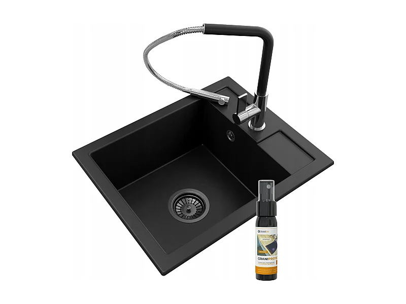 ÉVIER EN GRANIT + ROBINET NOIR + SIPHON NOIR