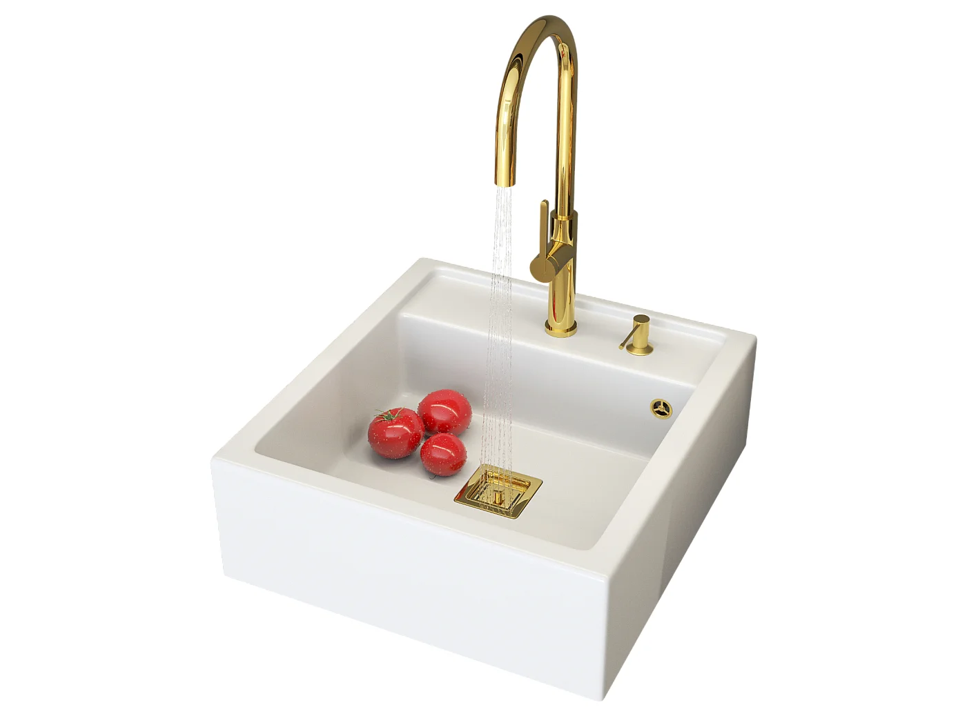 ÉVIER EN GRANIT SCANDINAVE FARMHOUSE BLANC ROBINET DISTRIBUTEUR D'OR