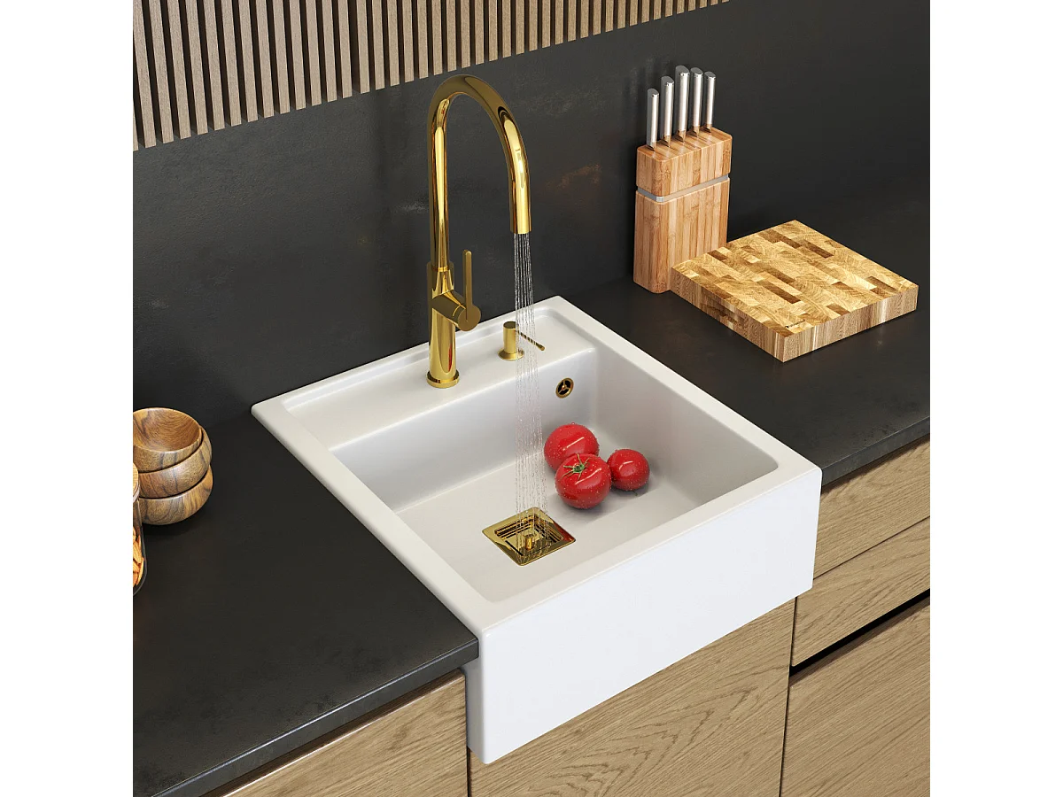 ÉVIER EN GRANIT SCANDINAVE FARMHOUSE BLANC ROBINET DISTRIBUTEUR D'OR