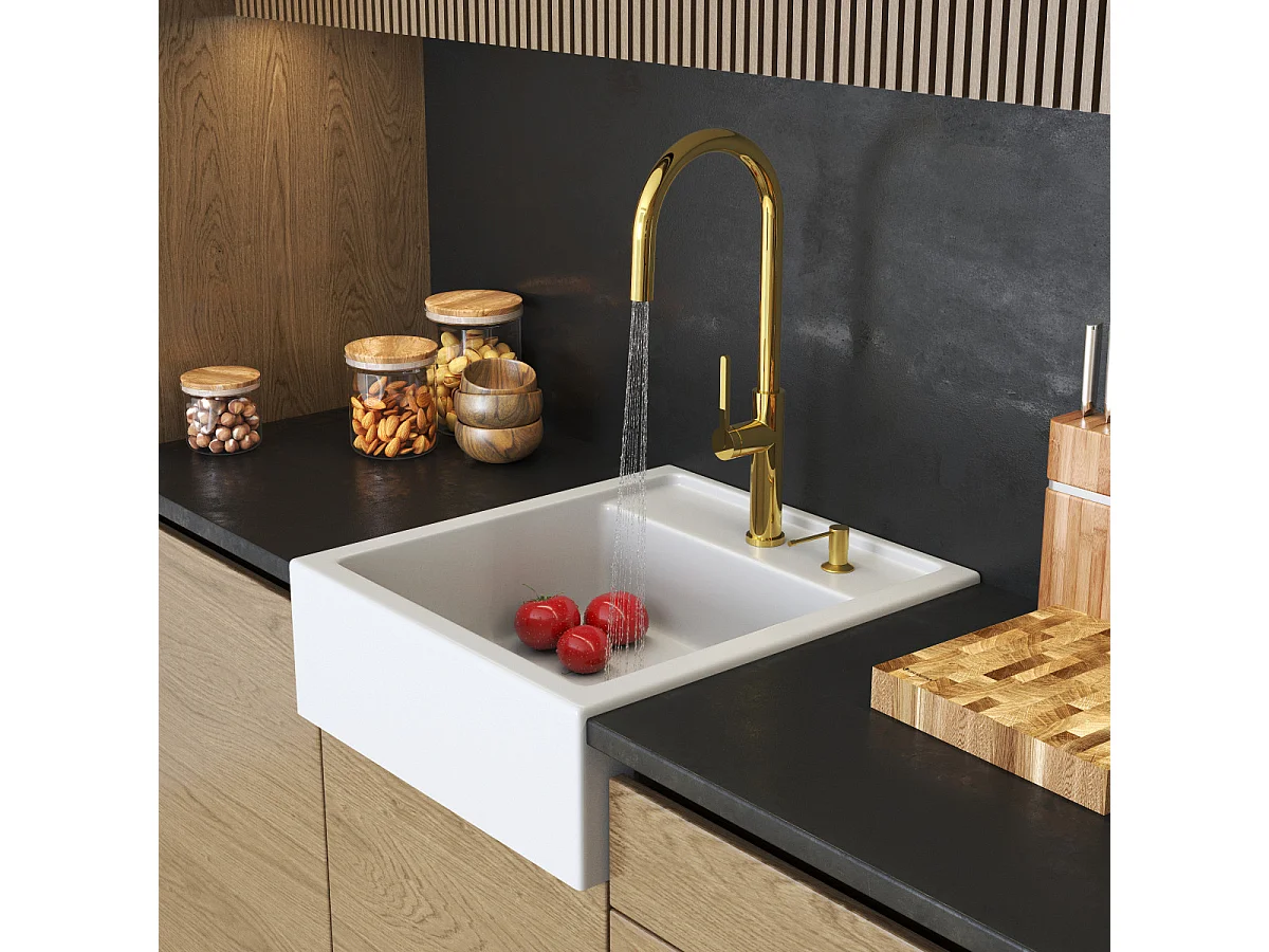 ÉVIER EN GRANIT SCANDINAVE FARMHOUSE BLANC ROBINET DISTRIBUTEUR D'OR