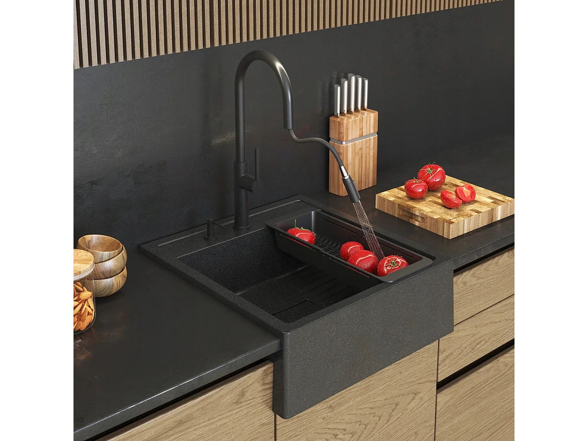 ÉVIER SCANDINAVE DE FERME NOIR TACHETÉ ROBINET DISTRIBUTEUR ÉGOUTTOIR TAVO