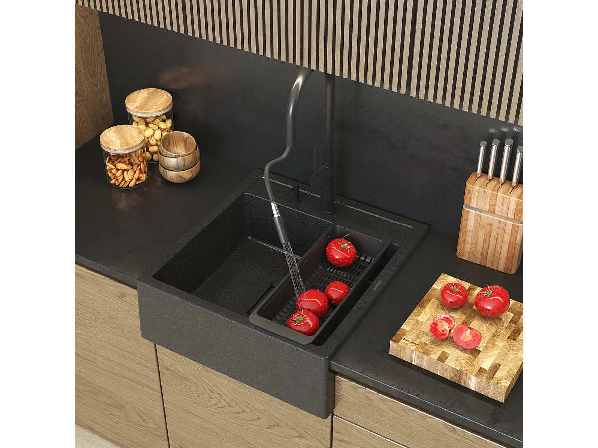 ÉVIER SCANDINAVE DE FERME NOIR TACHETÉ ROBINET DISTRIBUTEUR ÉGOUTTOIR TAVO