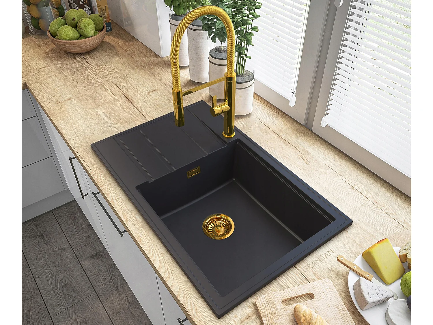 ÉVIER EN GRANIT NOIR LOUIS SIPHON GOLD BAT HIGH