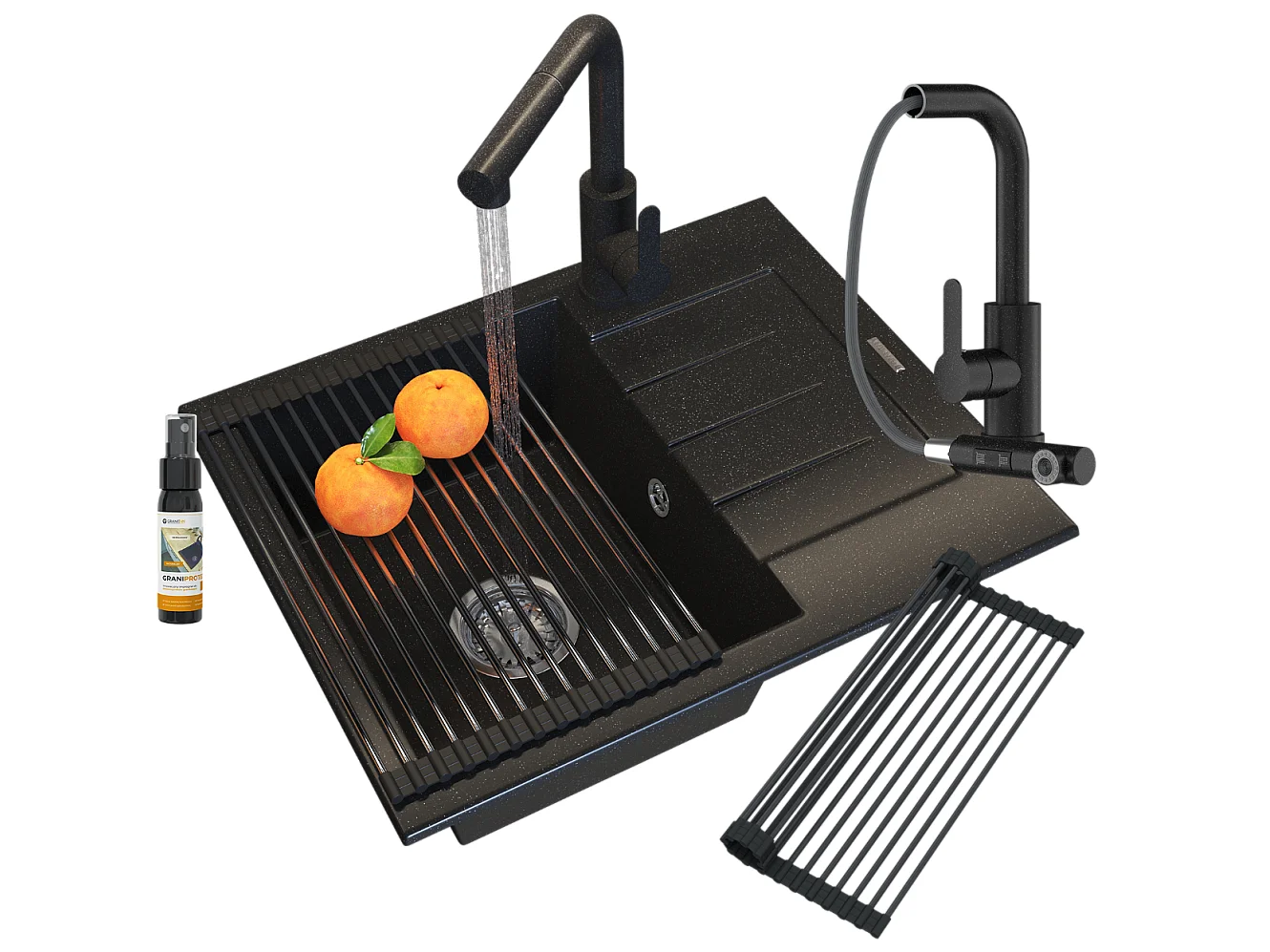 ÉVIER EN GRANIT NOIR ROBINET DE CUISINE MAT SIPHON SET MILANO