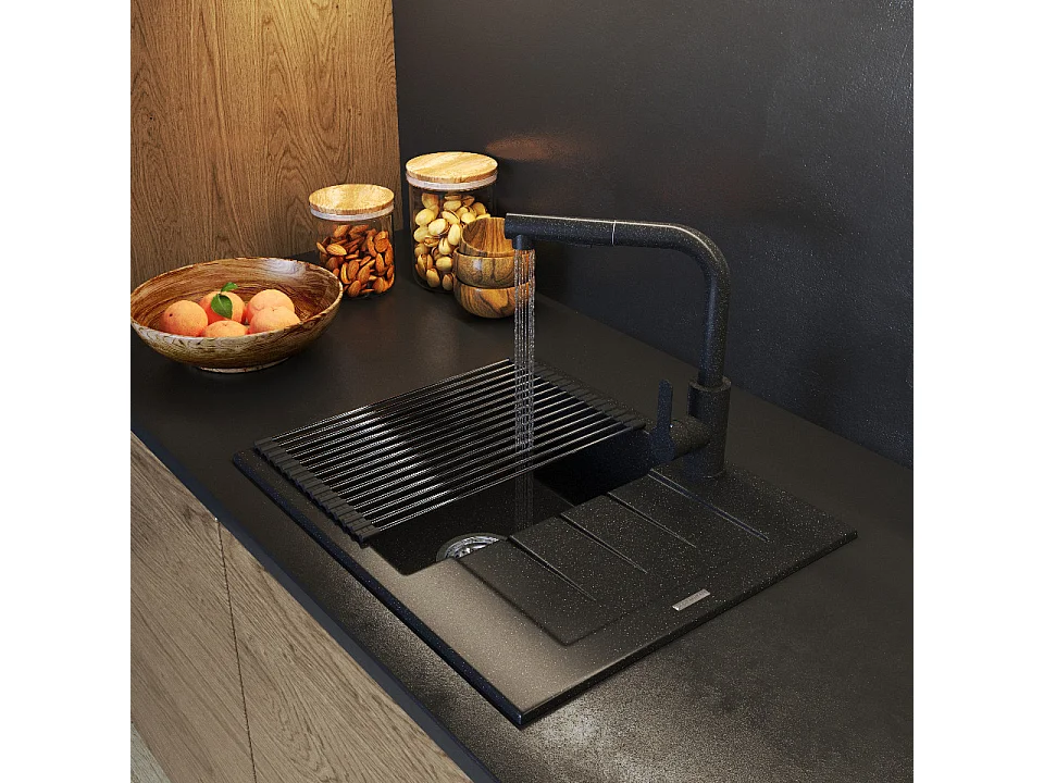 ÉVIER EN GRANIT NOIR ROBINET DE CUISINE MAT SIPHON SET MILANO