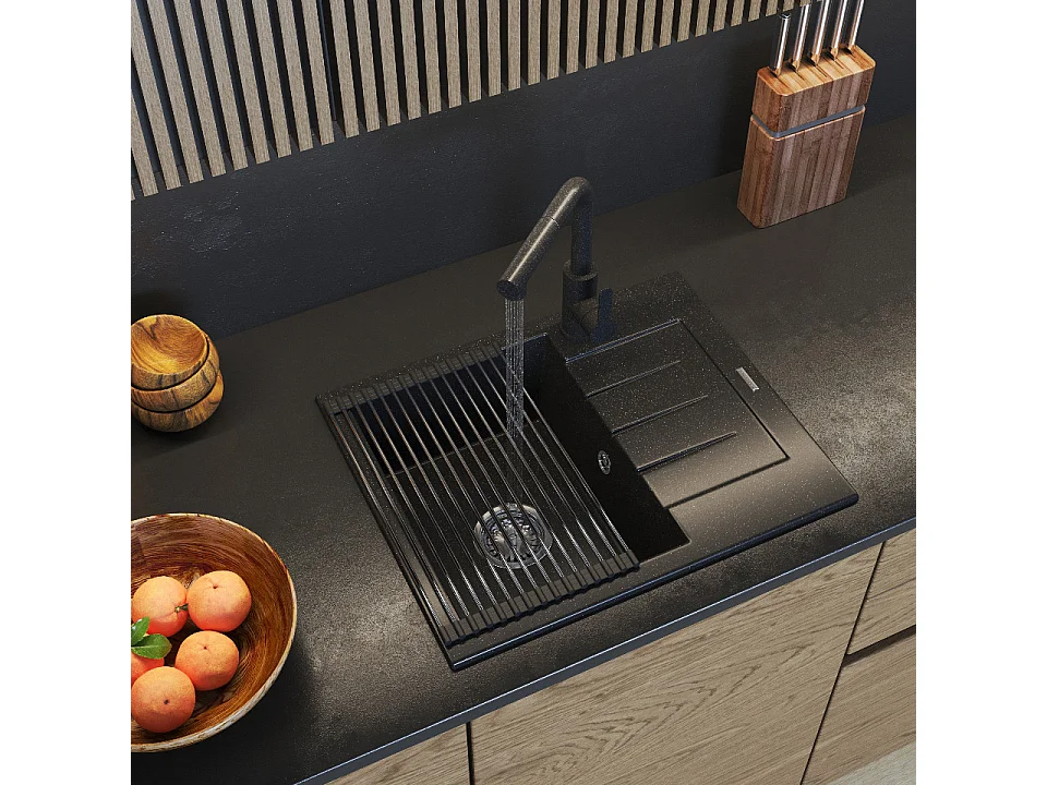 ÉVIER EN GRANIT NOIR ROBINET DE CUISINE MAT SIPHON SET MILANO