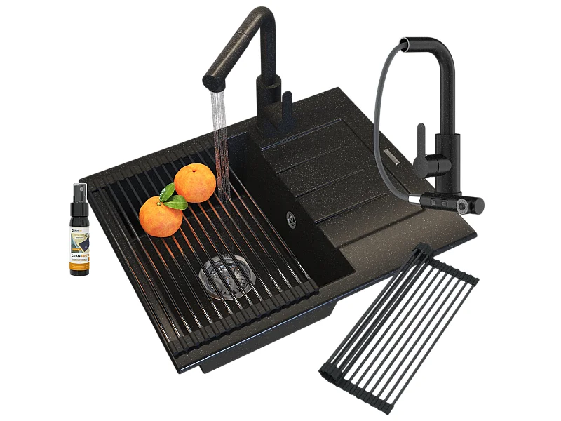 ÉVIER EN GRANIT NOIR ROBINET DE CUISINE MAT SIPHON SET MILANO