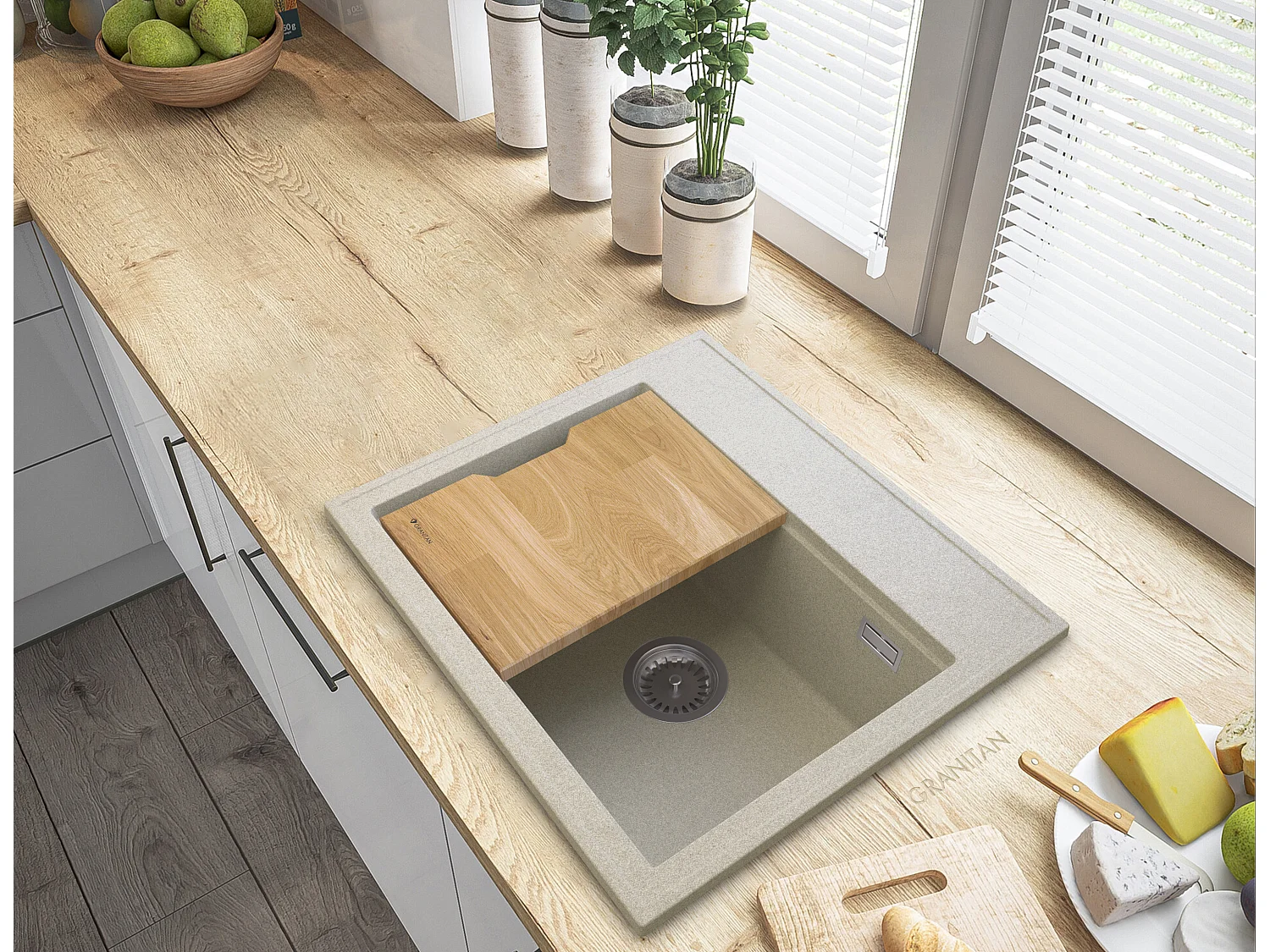 FOXAL BEIGE GRANIT ÉVIER SIPHON CHROME