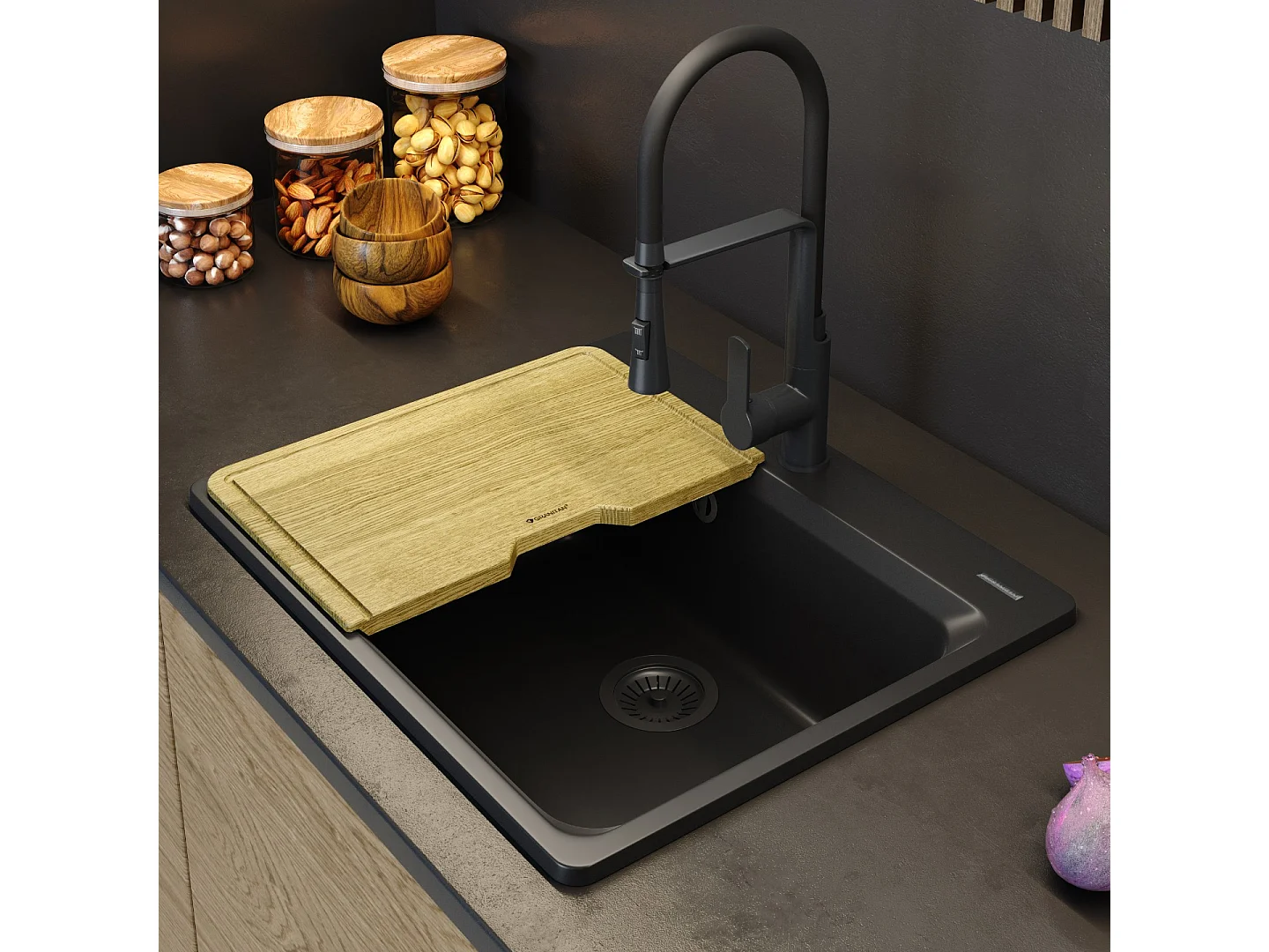 GRANIT ÉVIER 1 COMPARTIMENT PLANCHE CHÊNE IMPRÉGNÉ ZANTE