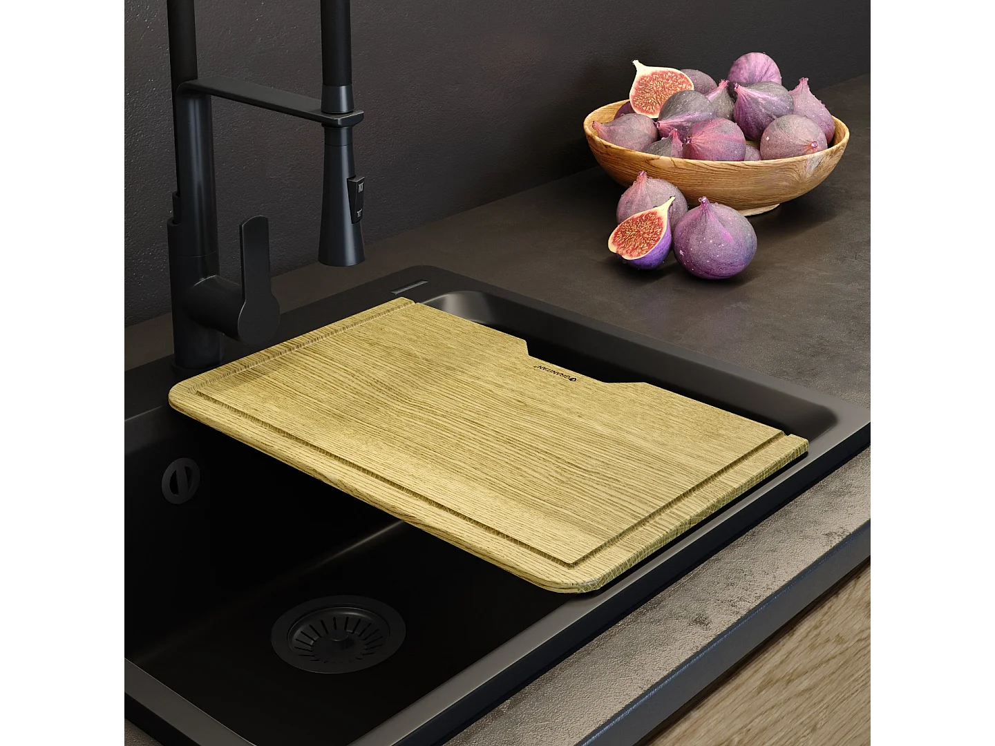 GRANIT ÉVIER 1 COMPARTIMENT PLANCHE CHÊNE IMPRÉGNÉ ZANTE