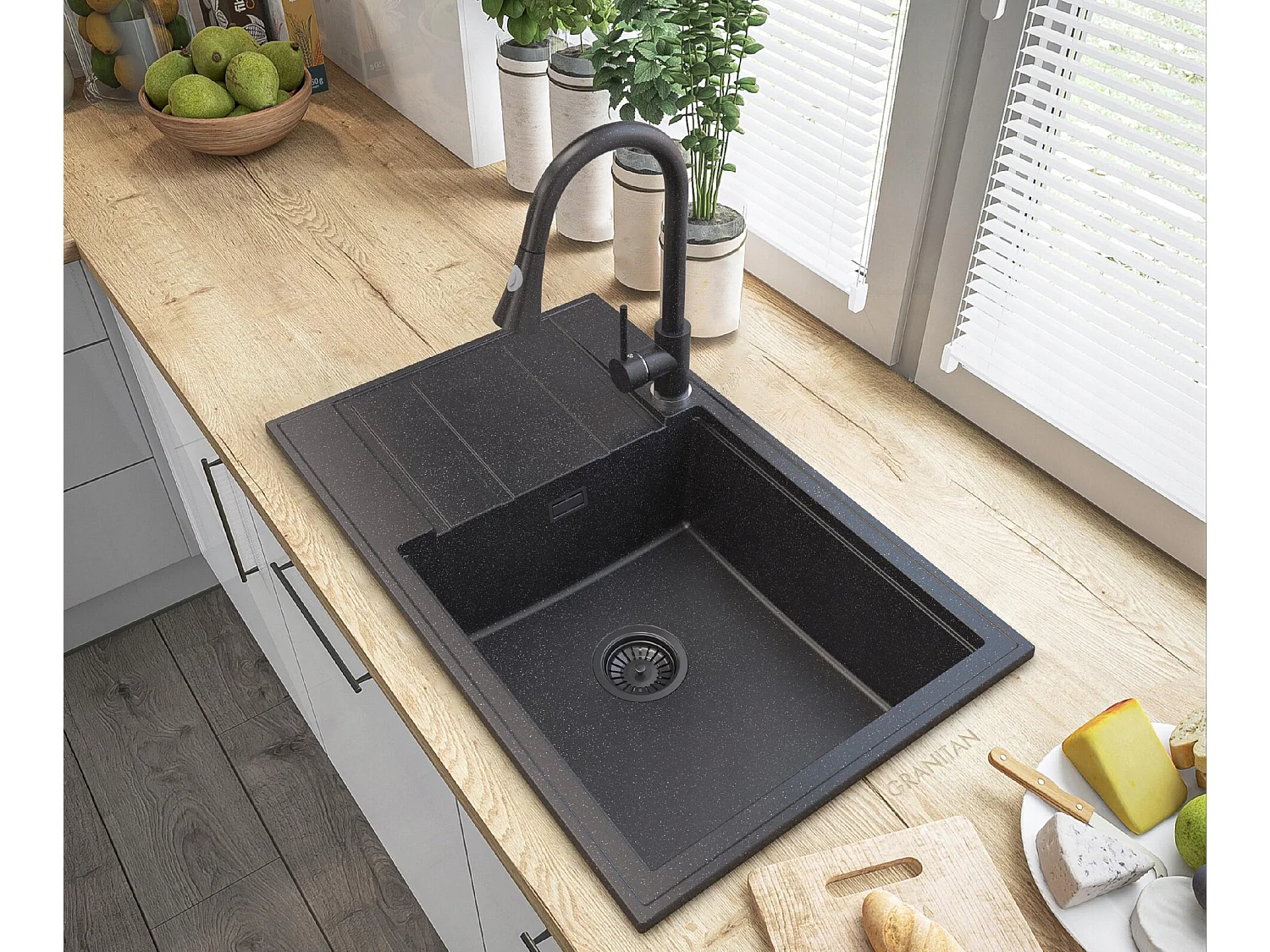 ÉVIER GRANIT LOUIS SIPHON BLACK BAT SNAKE GRANIT