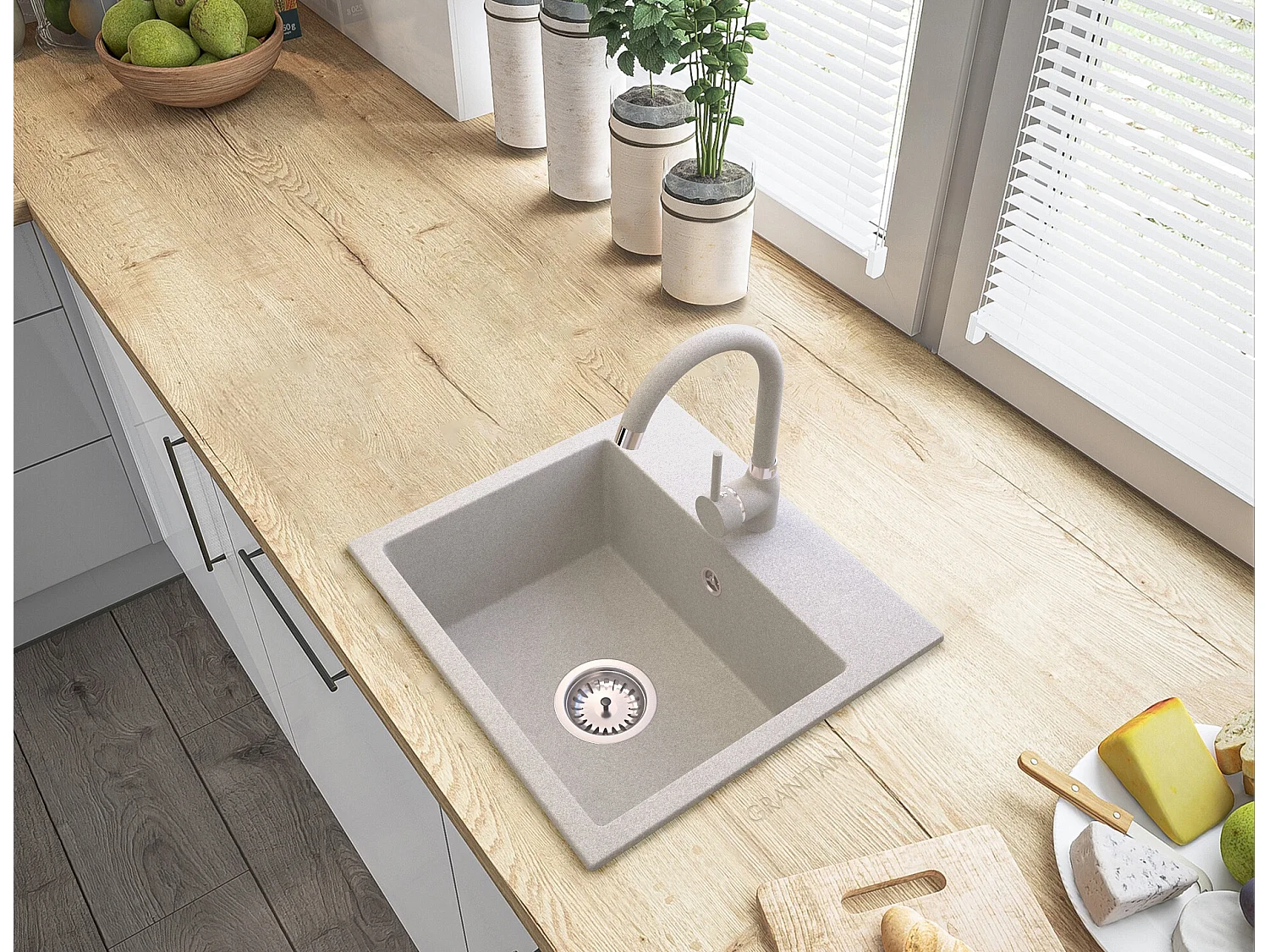 ÉVIER EN GRANIT BEIGE AVEC SIPHON CHROMÉ MILOS