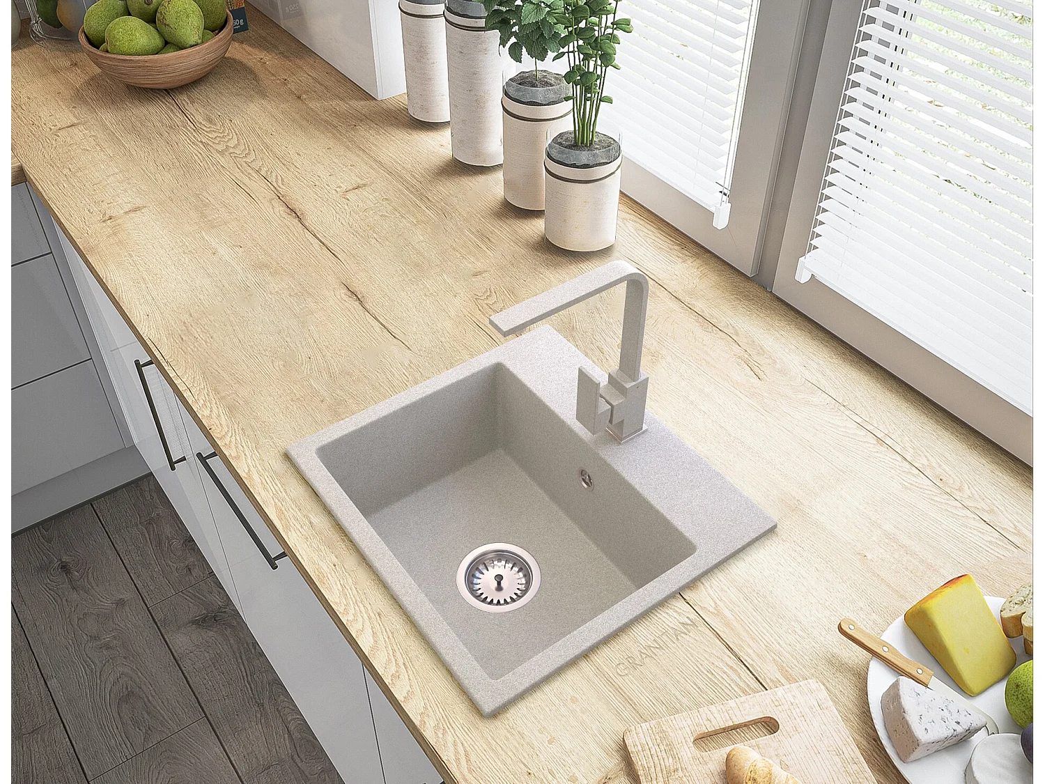 ÉVIER EN GRANIT BEIGE AVEC SIPHON CHROMÉ MILOS