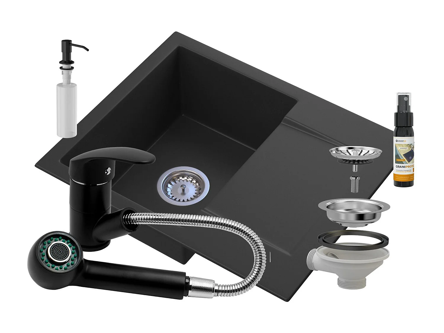 ÉVIER EN GRANIT + MITIGEUR EXTRACTIBLE + DISTRIBUTEUR +SIPHON