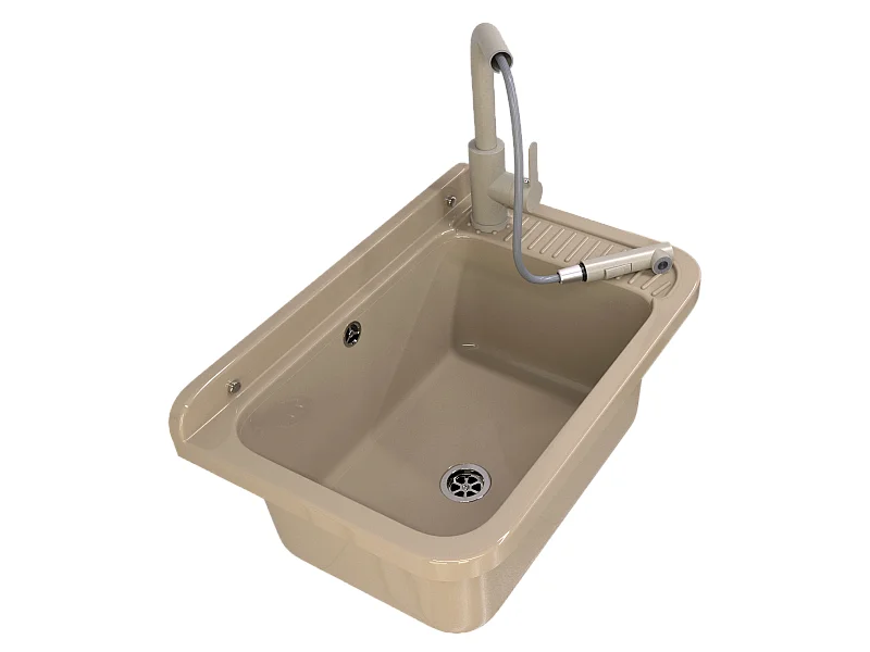 ÉVIER DE FERME BEIGE TECHNIQUE GRANDE CUVE ROBINETTERIE EXTRACTIBLE NEGRA