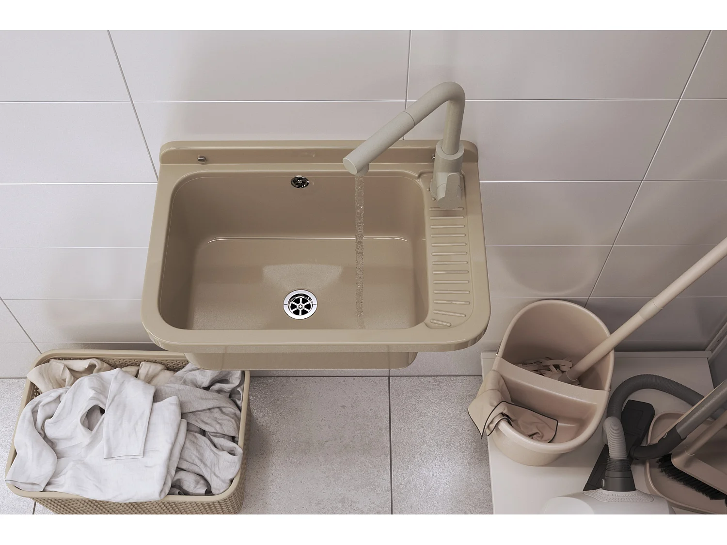 ÉVIER DE FERME BEIGE TECHNIQUE GRANDE CUVE ROBINETTERIE EXTRACTIBLE NEGRA