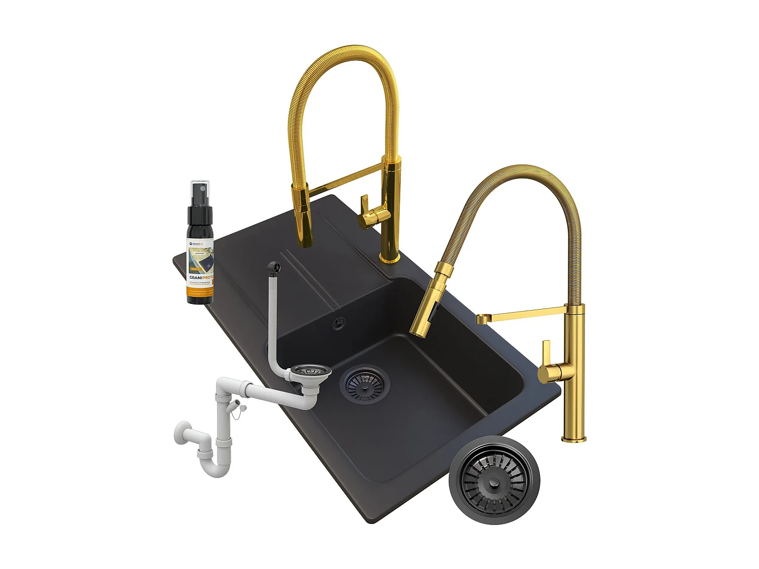 GRANIT NOIR ÉVIER TASOS + ROBINETTERIE OR + SIPHON
