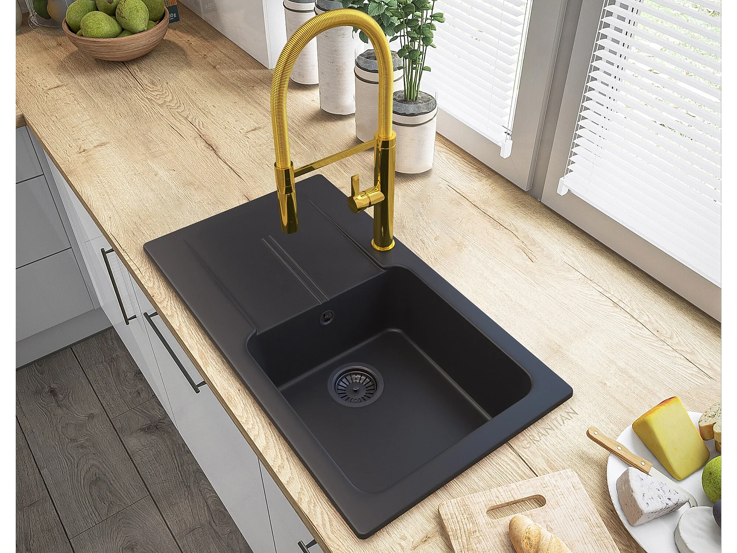 GRANIT NOIR ÉVIER TASOS + ROBINETTERIE OR + SIPHON