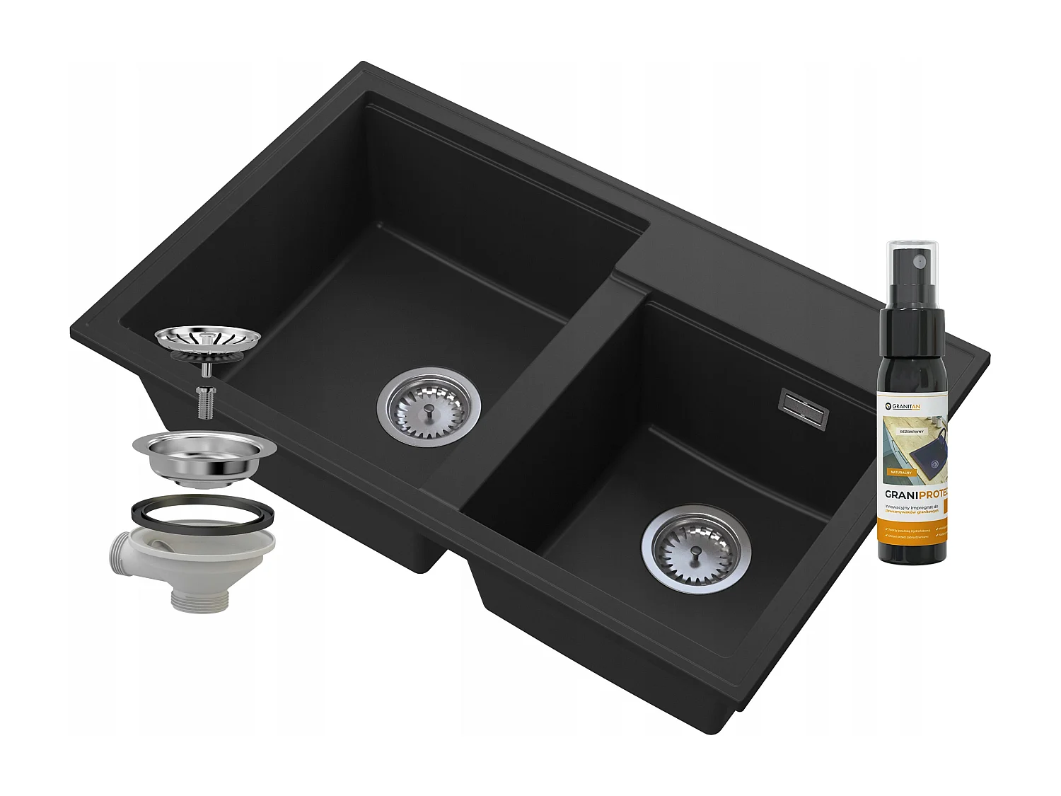 ÉVIER DOUBLE BAC GRANIT NOIR SIPHON CHROME HECTOR