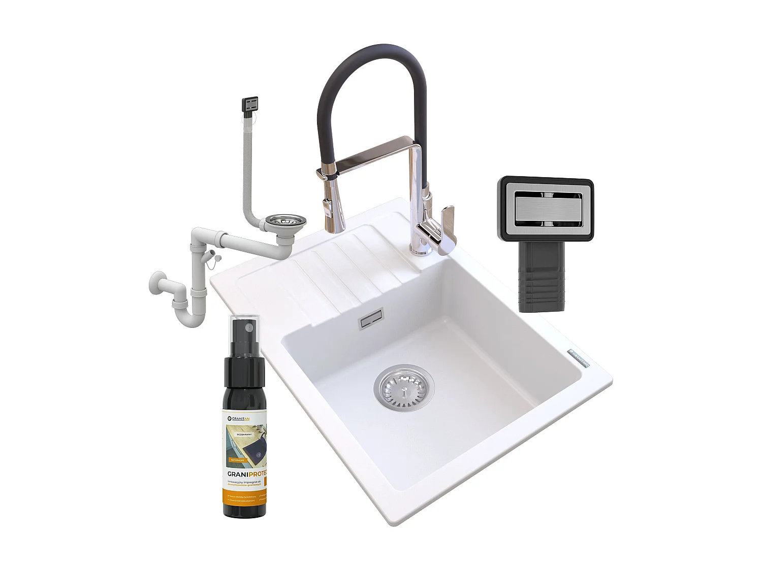 ÉVIER EN GRANIT BLANC ARGOS + MITIGEUR VEGAS + SIPHON