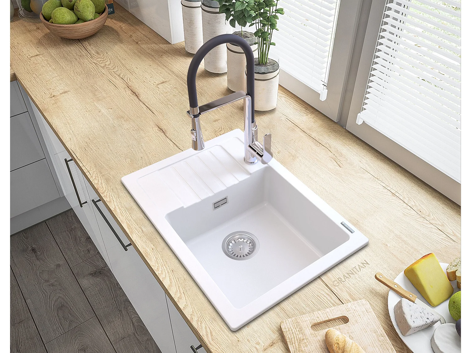 ÉVIER EN GRANIT BLANC ARGOS + MITIGEUR VEGAS + SIPHON