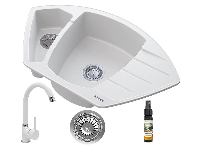 ÉVIER D'ANGLE EN GRANIT + MITIGEUR BEIGE GRIS