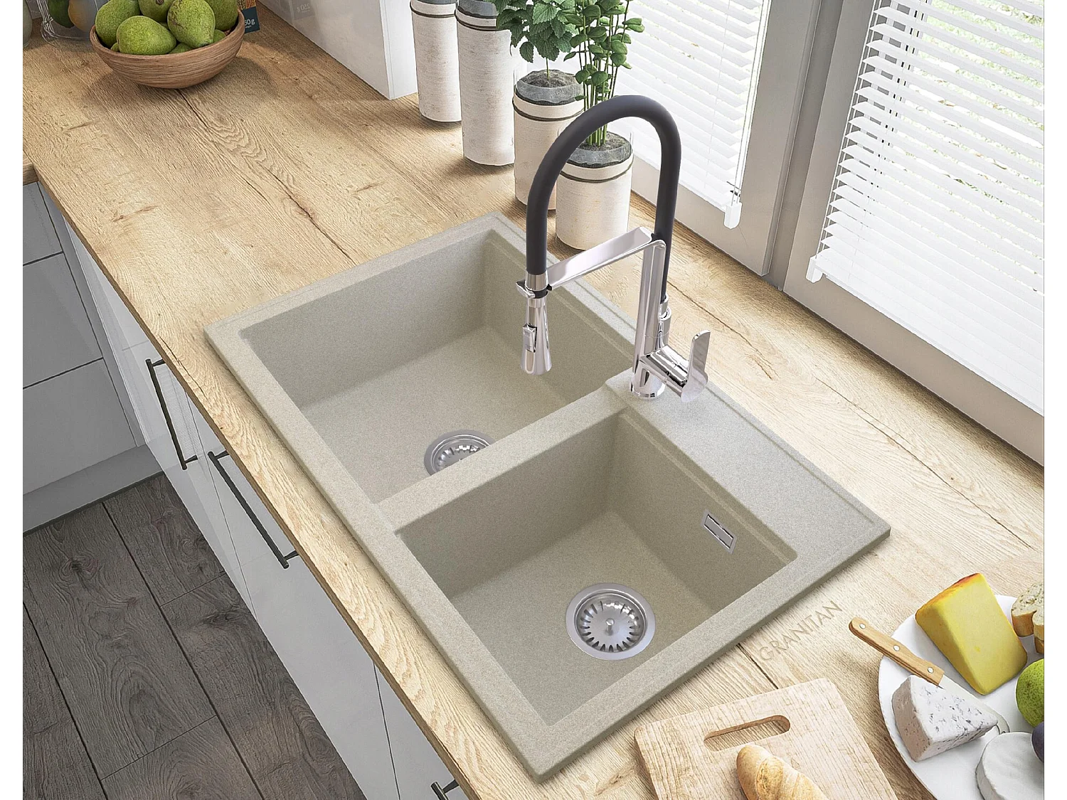 ÉVIER EN GRANIT BEIGE HECTOR SIPHON BAT VEGAS CHROME