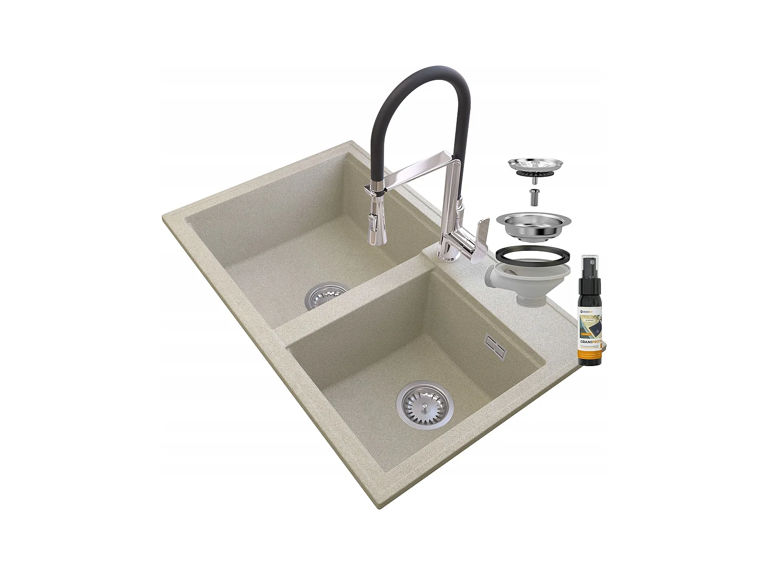 ÉVIER EN GRANIT BEIGE HECTOR SIPHON BAT VEGAS CHROME
