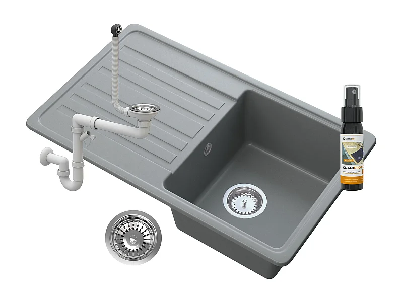 ÉVIER EN GRANIT 1 COMPARTIMENT ÉGOUTTOIR SIPHON GRIS CITRON