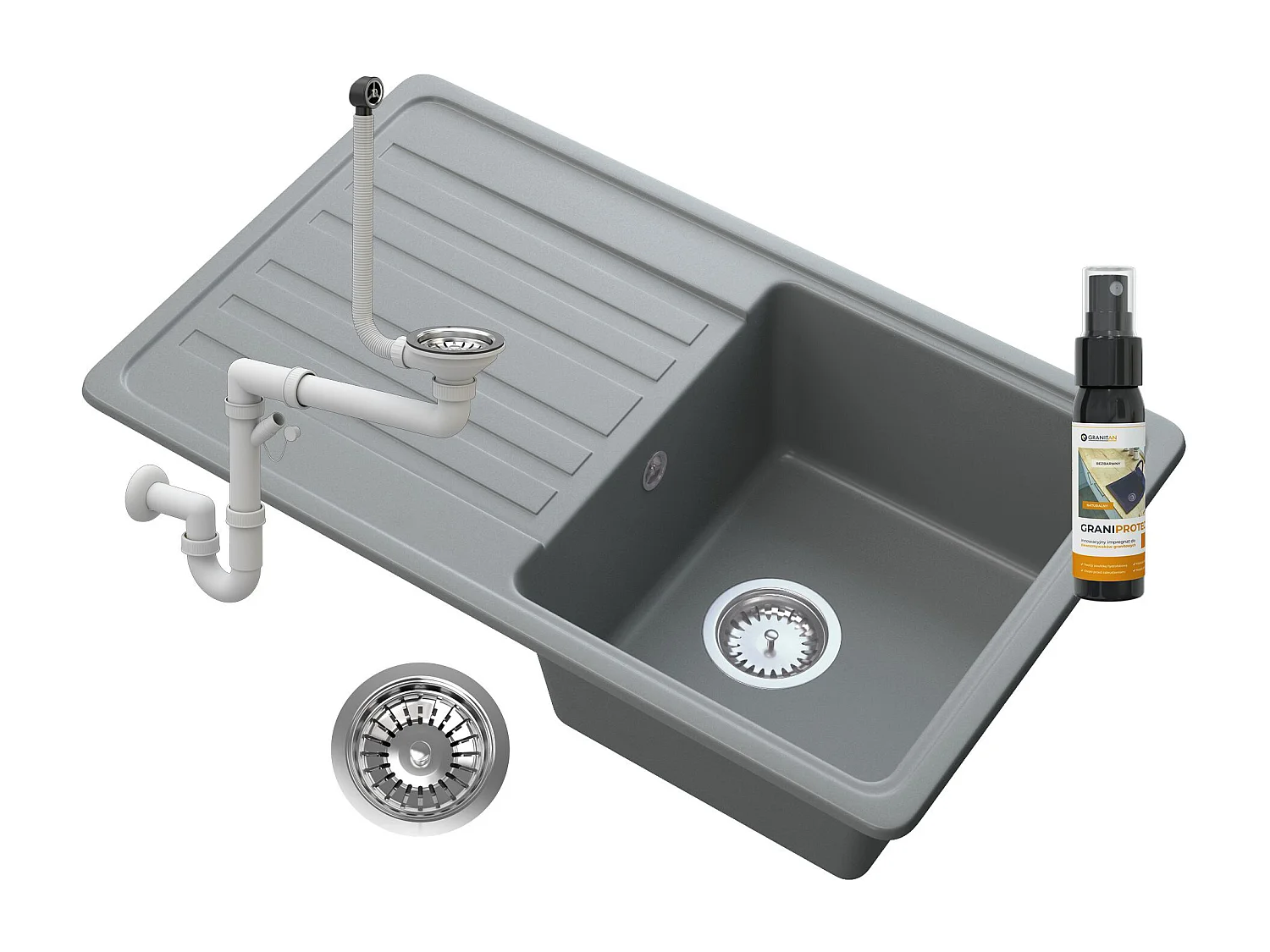 ÉVIER EN GRANIT 1 COMPARTIMENT ÉGOUTTOIR SIPHON GRIS CITRON