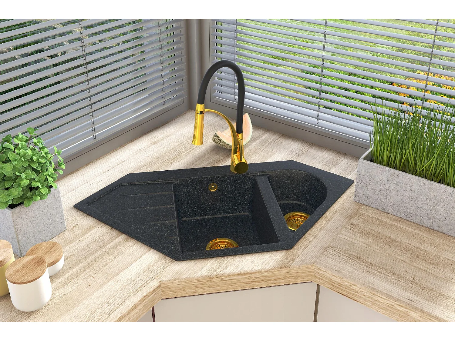 ÉVIER EN GRANIT NOIR AVEC DES GOUTTES D'OR