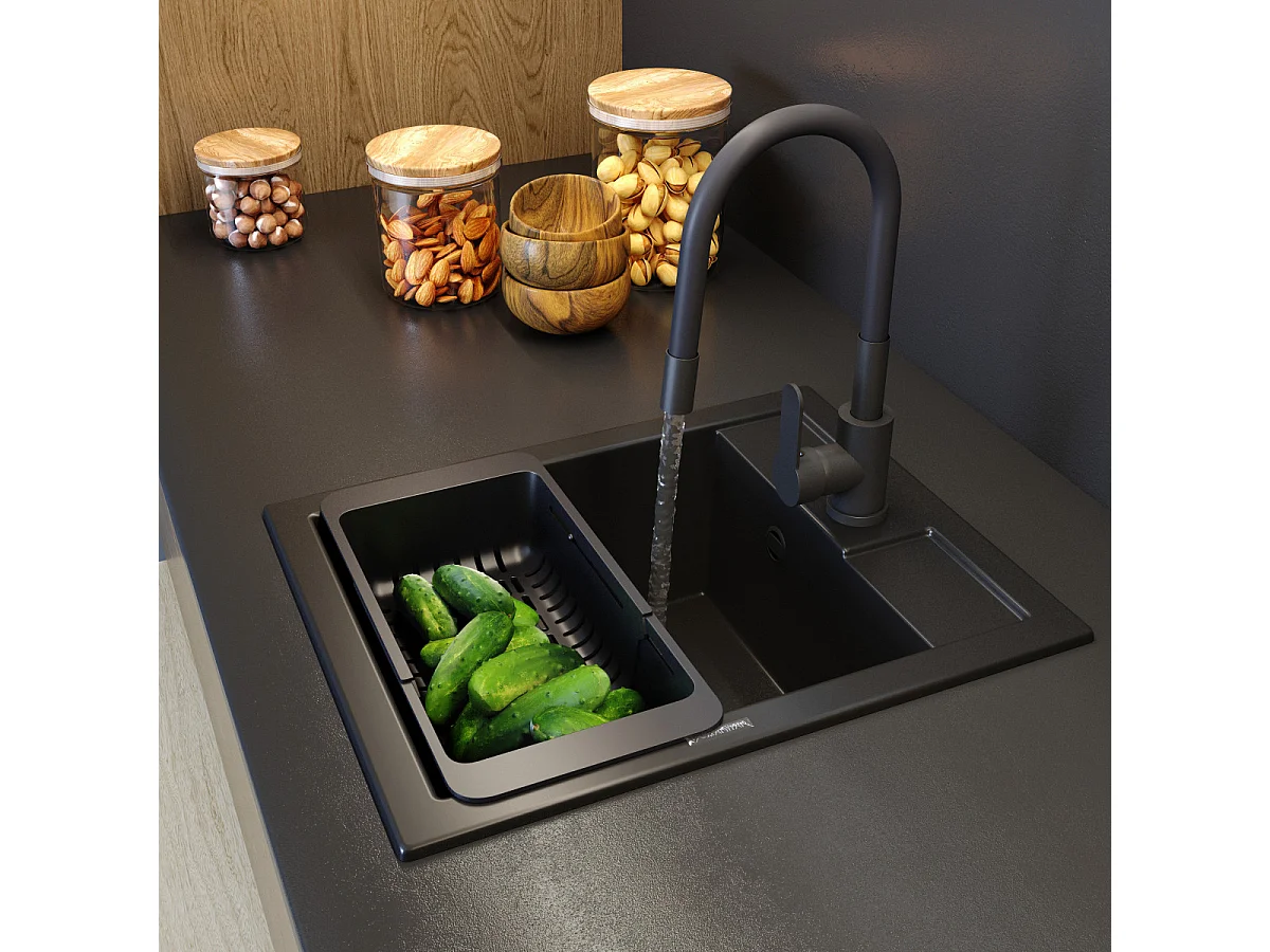 ÉVIER EN GRANIT ROBINET DE CUISINE NOIR MITIGEUR PANIER SET BEST