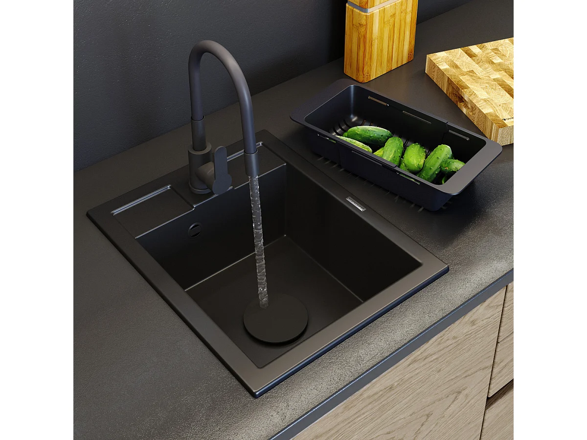 ÉVIER EN GRANIT ROBINET DE CUISINE NOIR MITIGEUR PANIER SET BEST