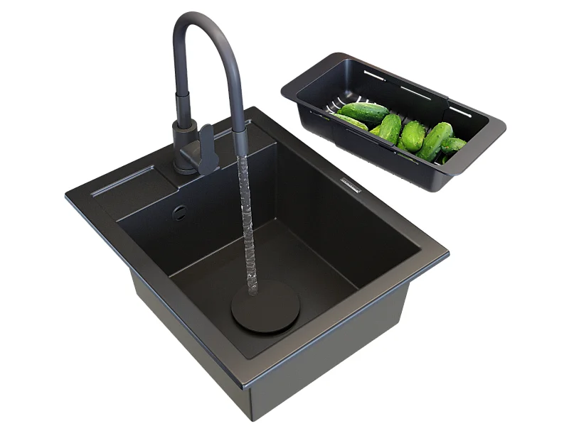 ÉVIER EN GRANIT ROBINET DE CUISINE NOIR MITIGEUR PANIER SET BEST