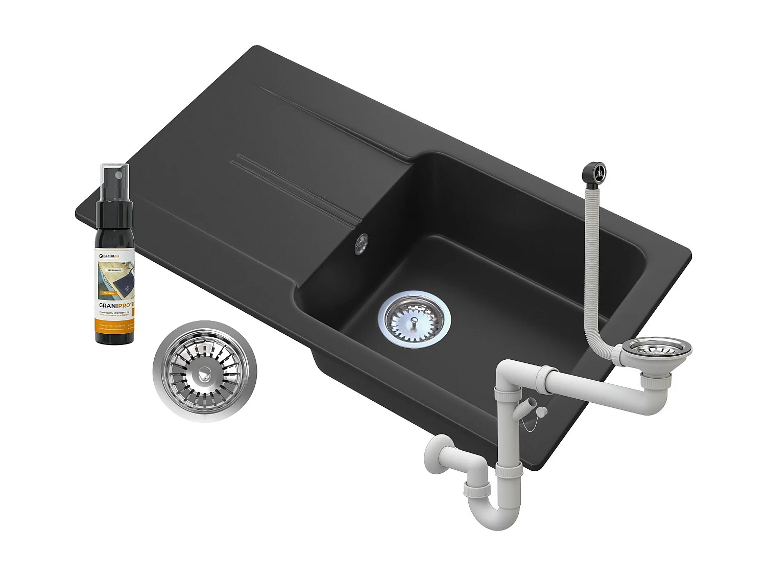 ÉVIER EN GRANIT AVEC ÉGOUTTOIR SIPHON NOIR TASOS