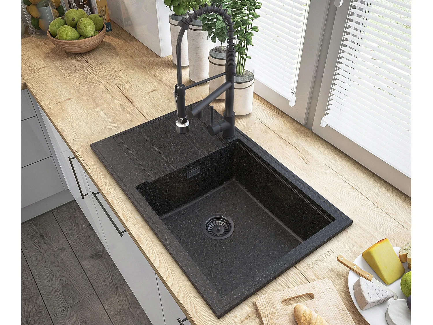 ÉVIER EN GRANIT ROBINET SIPHON OR SPIRALE LOUIS