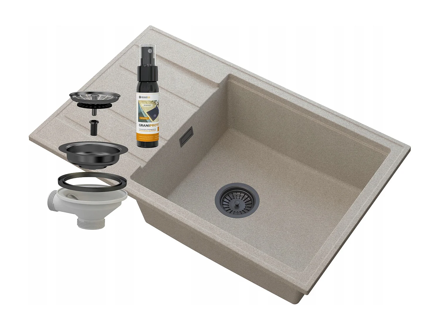 ÉVIER GRANIT BEIGE LOUIS ÉGOUTTOIR SIPHON NOIR