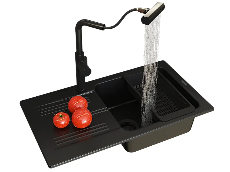 ÉVIER EN GRANIT ADA SIMPLE BOL MÉLANGEUR NOIR GIRO SIPHON BASKET