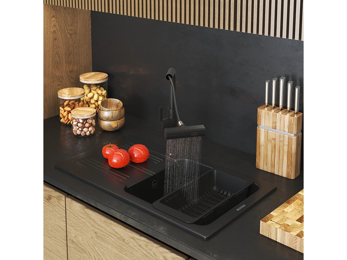 ÉVIER EN GRANIT ADA SIMPLE BOL MÉLANGEUR NOIR GIRO SIPHON BASKET