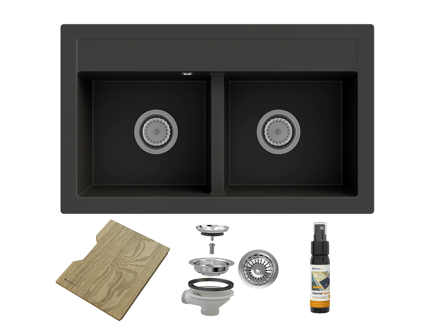 ÉVIER EN GRANIT 2 COMPARTIMENTS PLANCHE CHÊNE IMPRÉGNÉ DUET