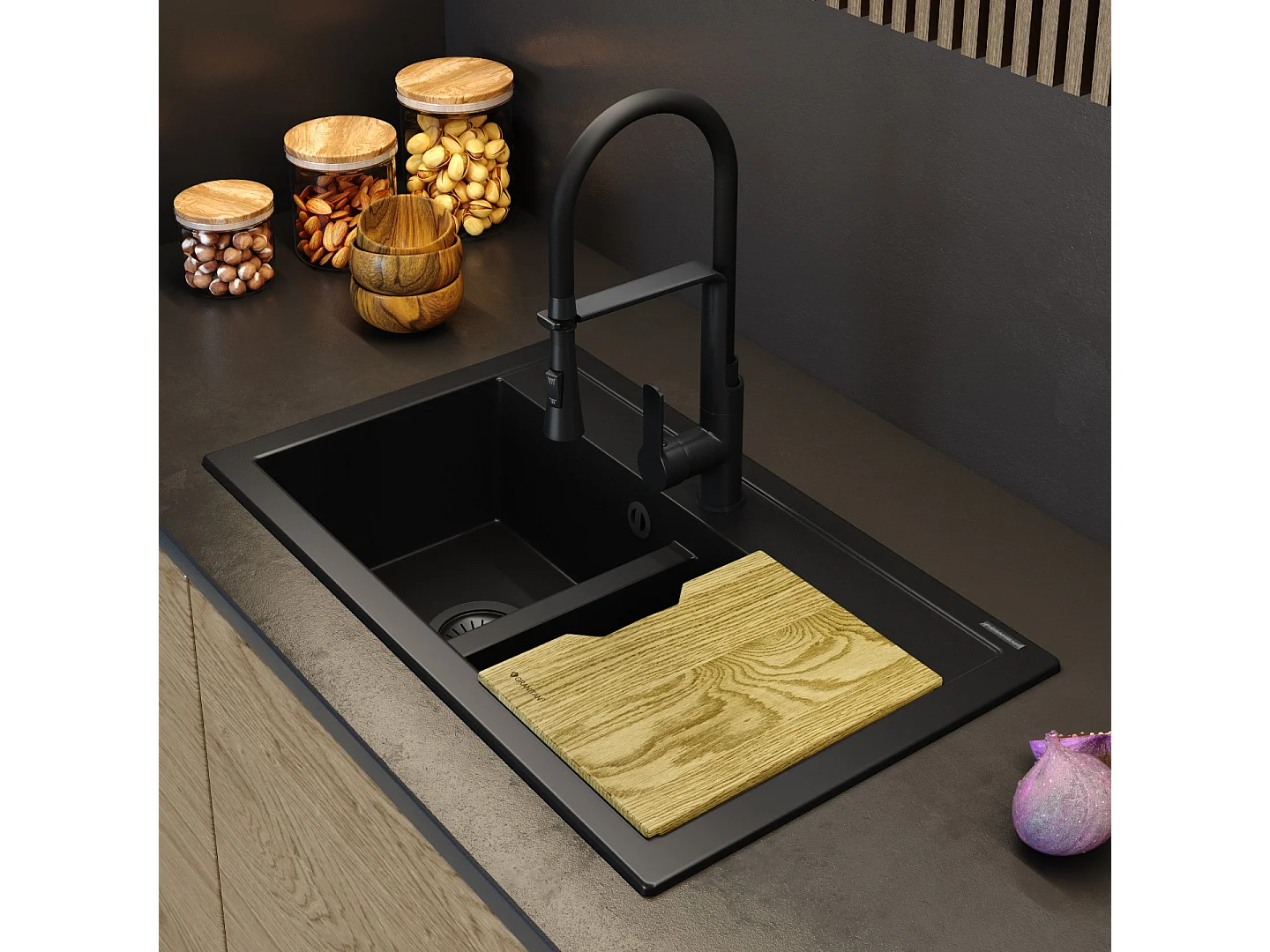 ÉVIER EN GRANIT 2 COMPARTIMENTS PLANCHE CHÊNE IMPRÉGNÉ DUET